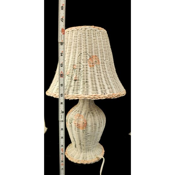 Vintage Wicker Table Lamp With Hand-Painted Floral Details & Shade - Picture 2 of 12